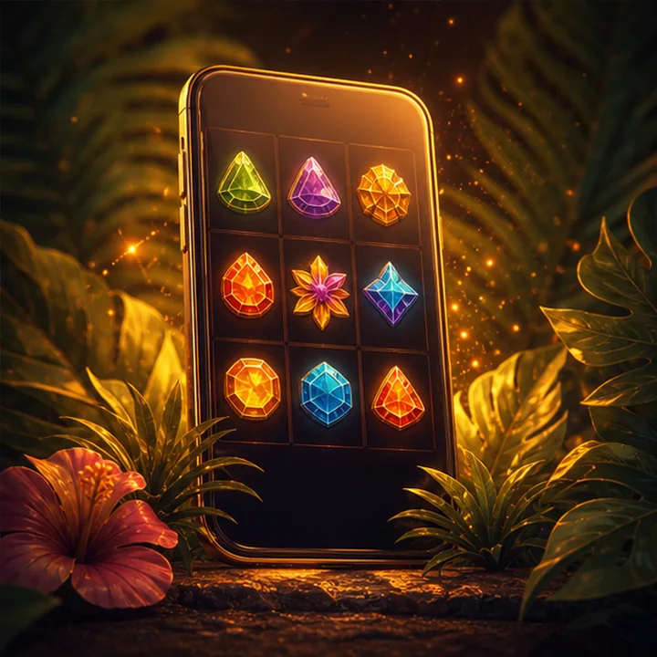 Smartphone mit abstrakten Spielsymbolen in tropischer Umgebung